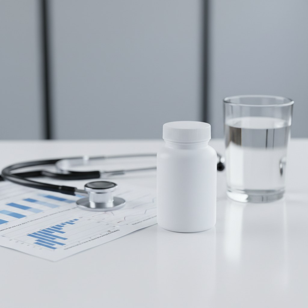 Practitioner's desk with tablet bottle, stethoscope, and a printed lab report